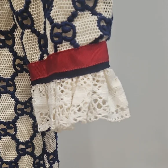 Gucci Cream & Navy Monogram Lace-Front Dress Coat with Red Trim - Picture 7 of 9